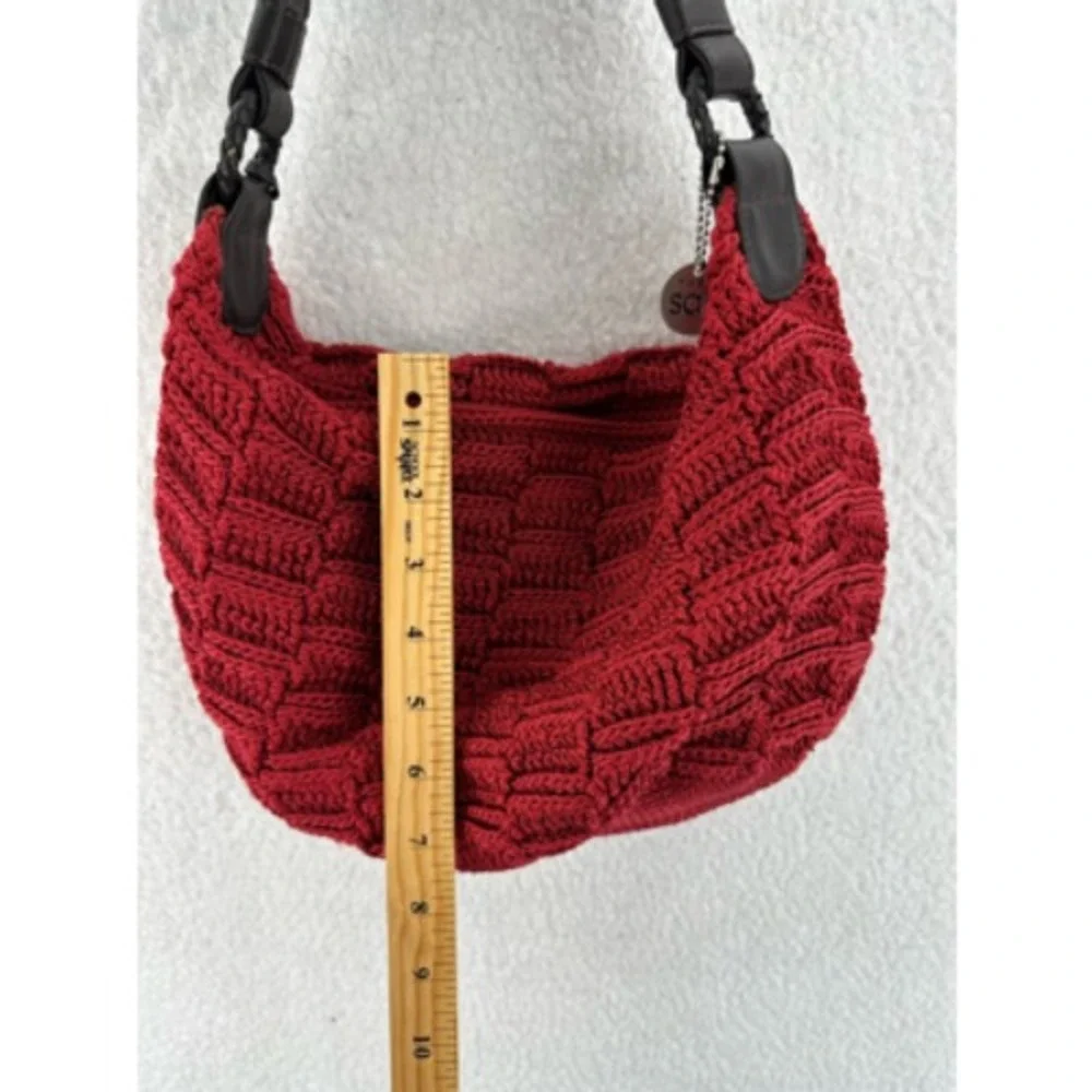 The Sak Womens Hobo Handbag Red Maroon Zipper Closure Shoulder Strap Knit S